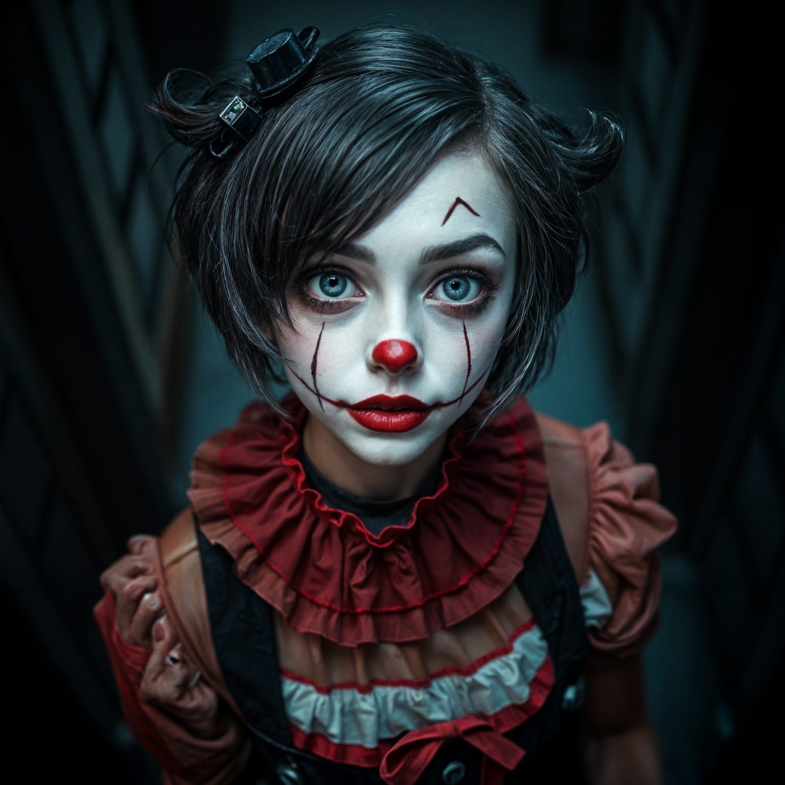 Gothic Vampire Clown Girl in Horror Movie Setting