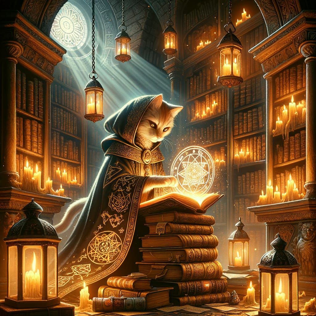 Feline Sorceress in an Ancient Magical Library
