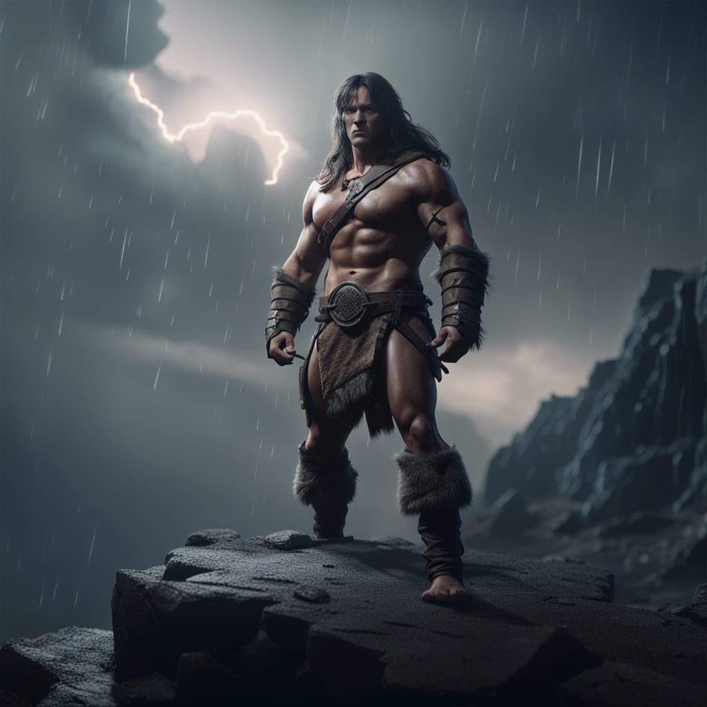 Conan the Barbarian on Mountain in Thunderstorm