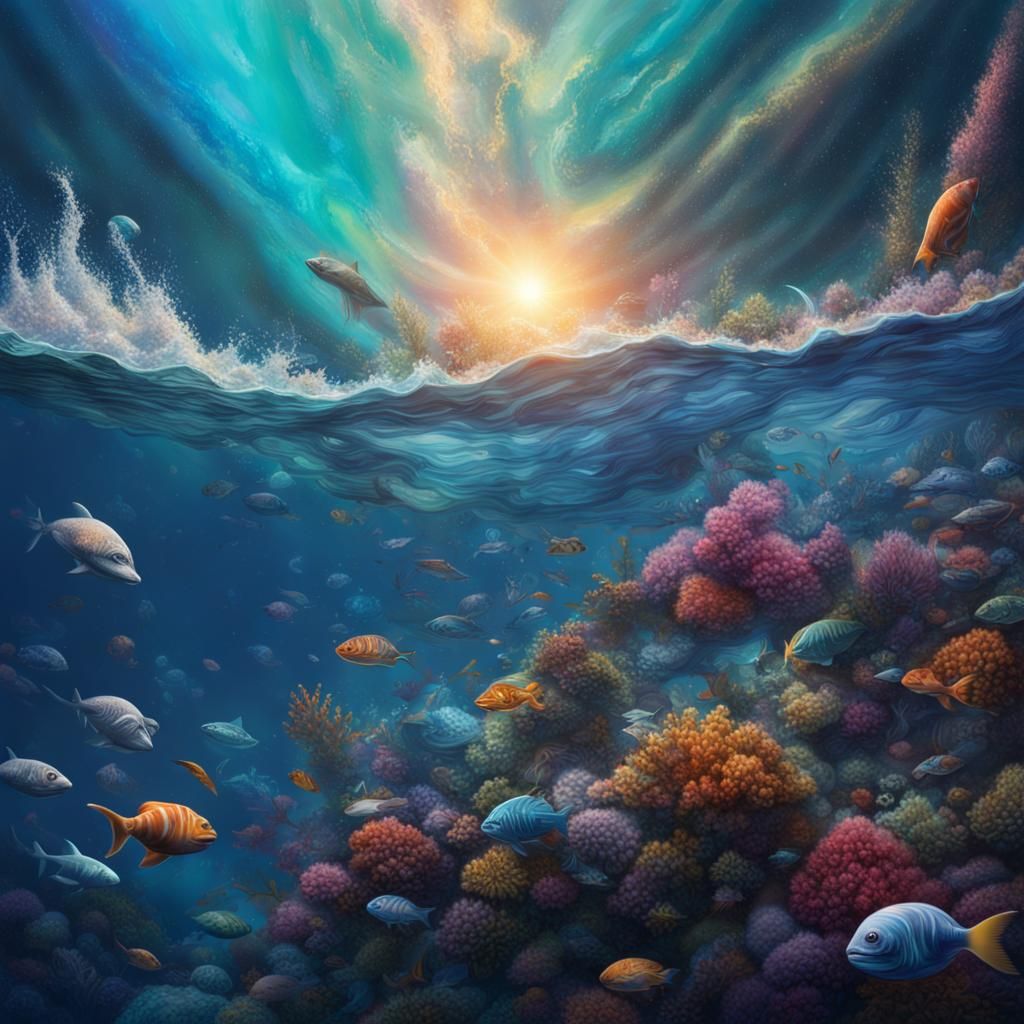 Underwater Galaxy Reflection: Hyperrealistic Splash Art