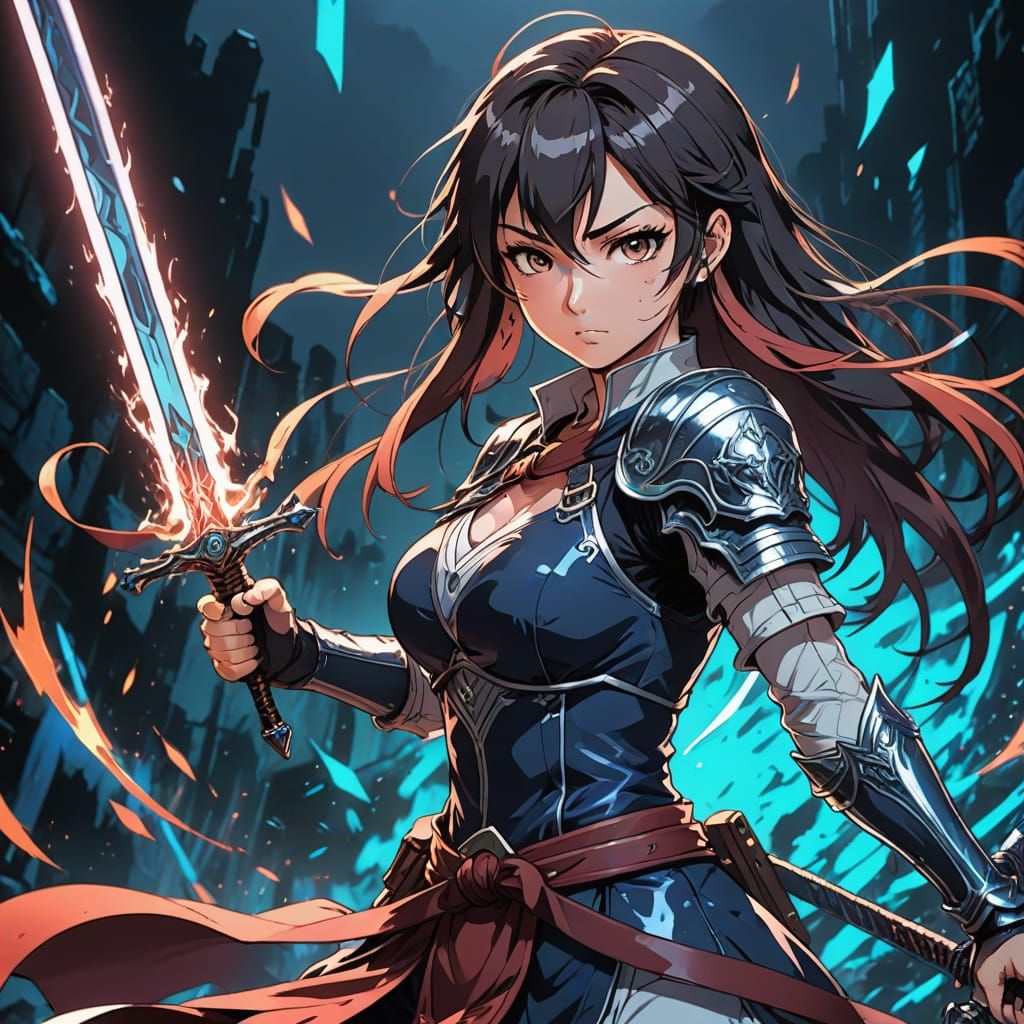 Anime Girl Sword Fight in Manga Style