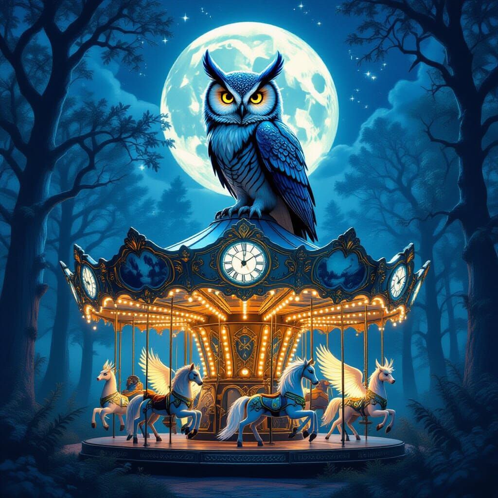 Clockwork Owl on Crystal Carousel in Enchanted Forest