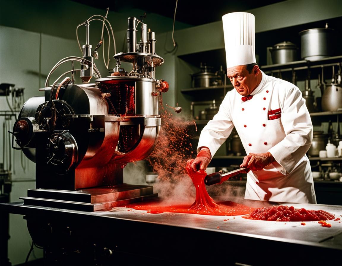 Mad Chef's Biomechanic Kitchen: A 1950s Horror Scene