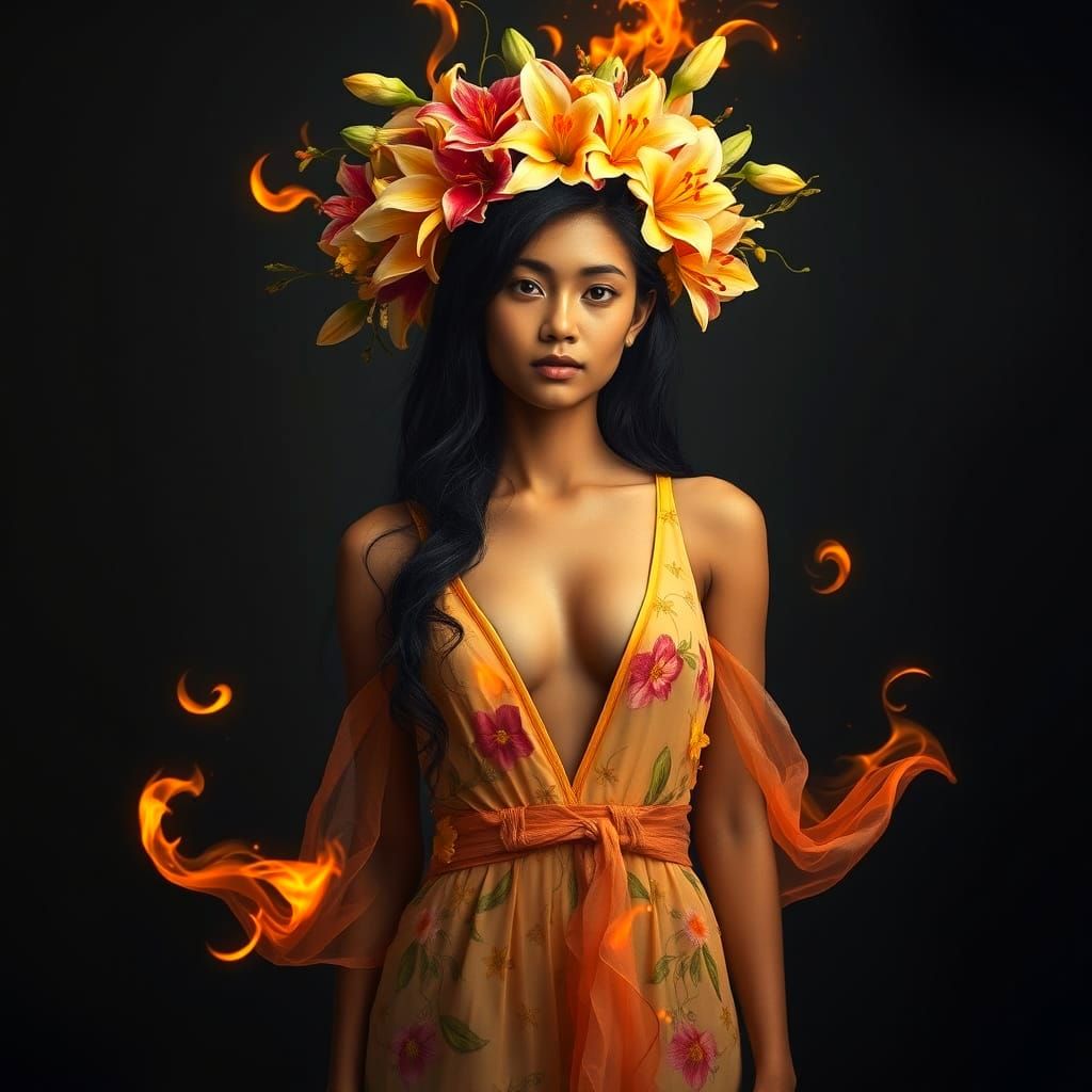 Arunachal Woman in Floral Flames: Digital Art