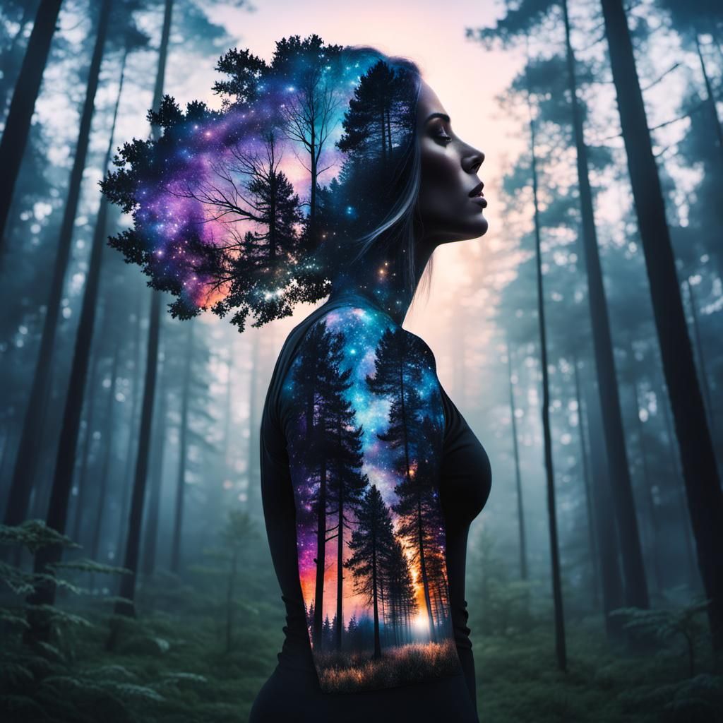 Dreamy Double Exposure: Forest, Galaxy, and Sunset