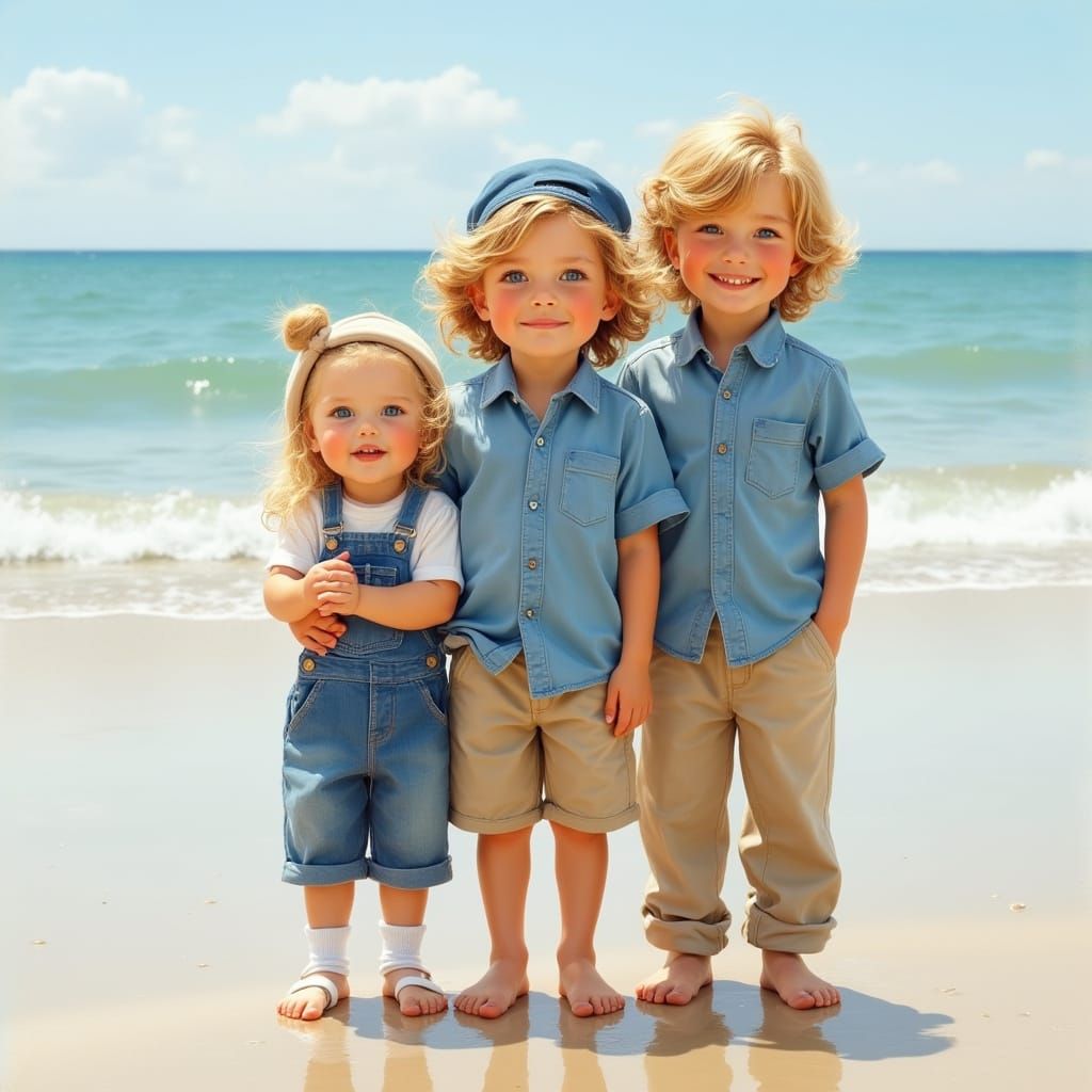 Brothers and Baby at the Beach in Hyperrealism Style