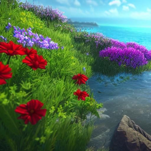 Flowers by the Ocean in 3D Game Style