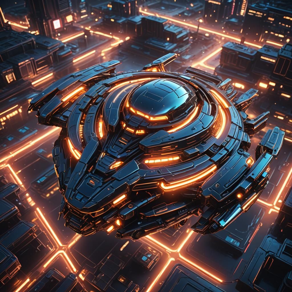 Futuristic Alien Spaceship Hovering Near Earth