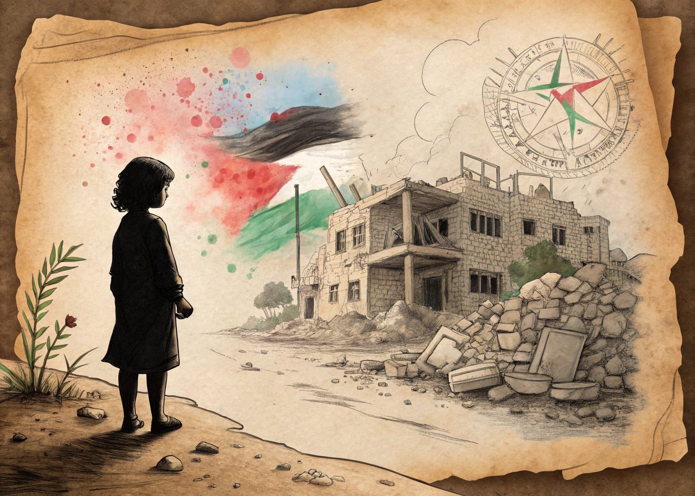 Palestinian Child's Shadow on Ruined Home in Vibrant Charcoa...