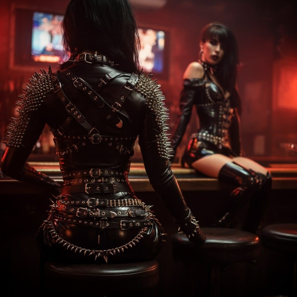 Sultry Night Bar Scene in Hyperrealistic Leather and Latex