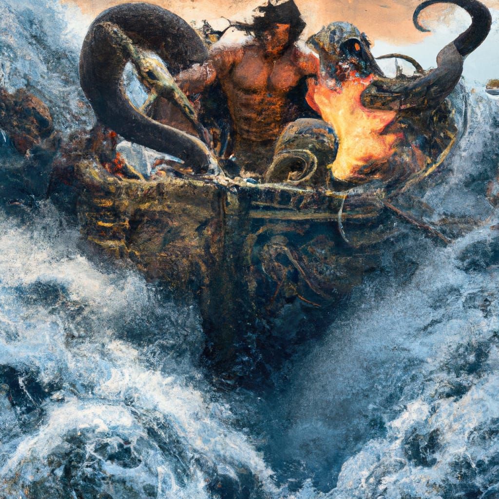 Poseidon Attacks Burning Greek Ship: Epic Artwork