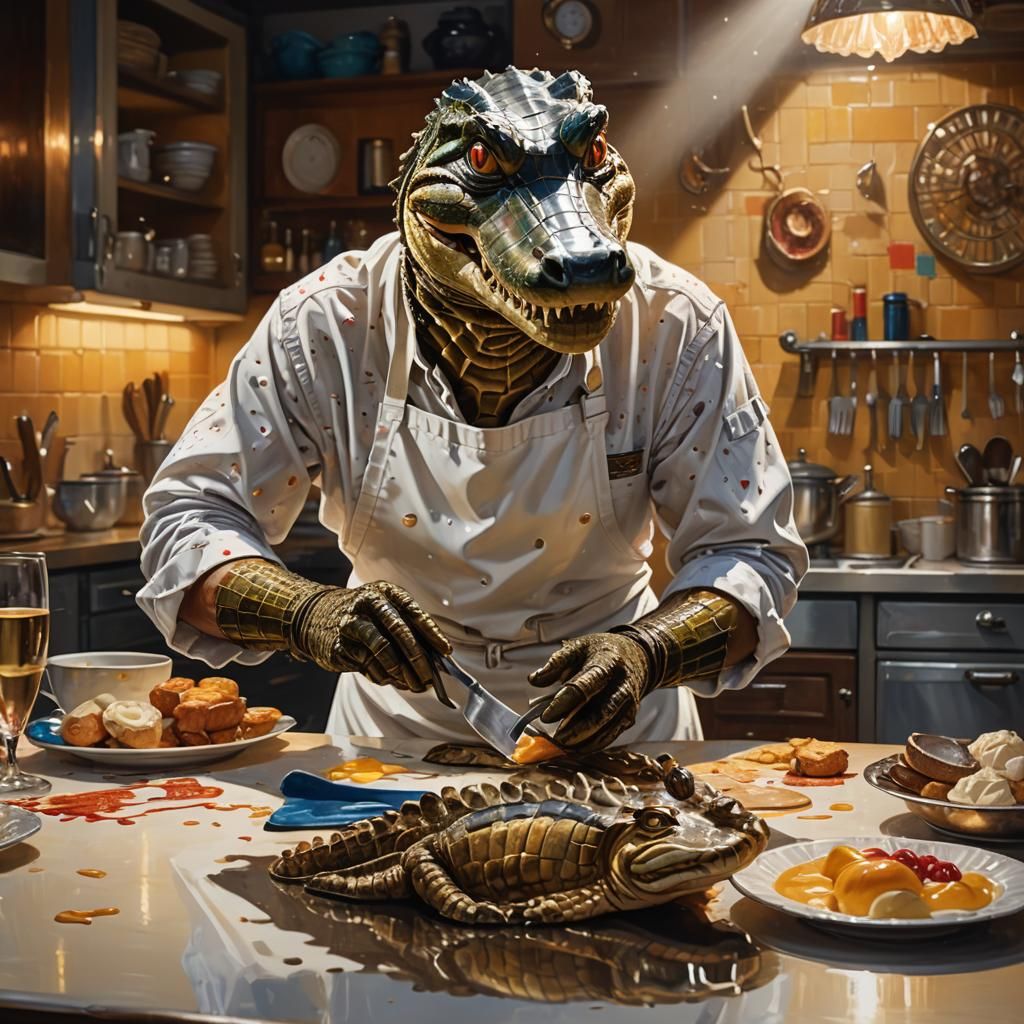 Hyperrealistic Alligator Prepares Dessert in Splash Art