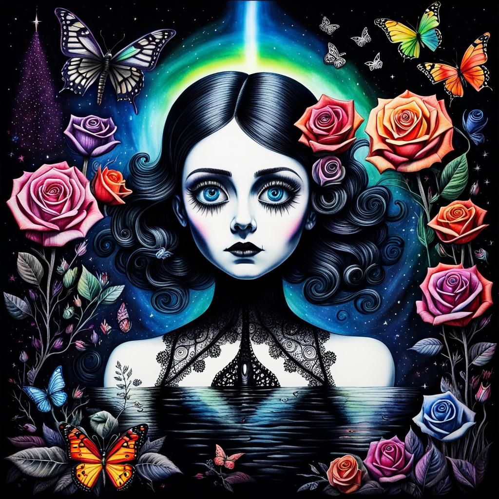 Surreal Crayon Drawing: Gothic Woman in a Dreamscape