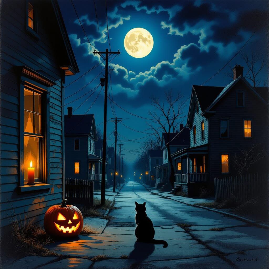 Derelict Neighborhood Street Scene Under Full Moon