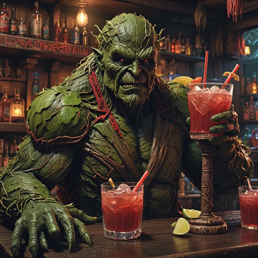 Swamp Thing Sipping Cocktail in Tiki Bar