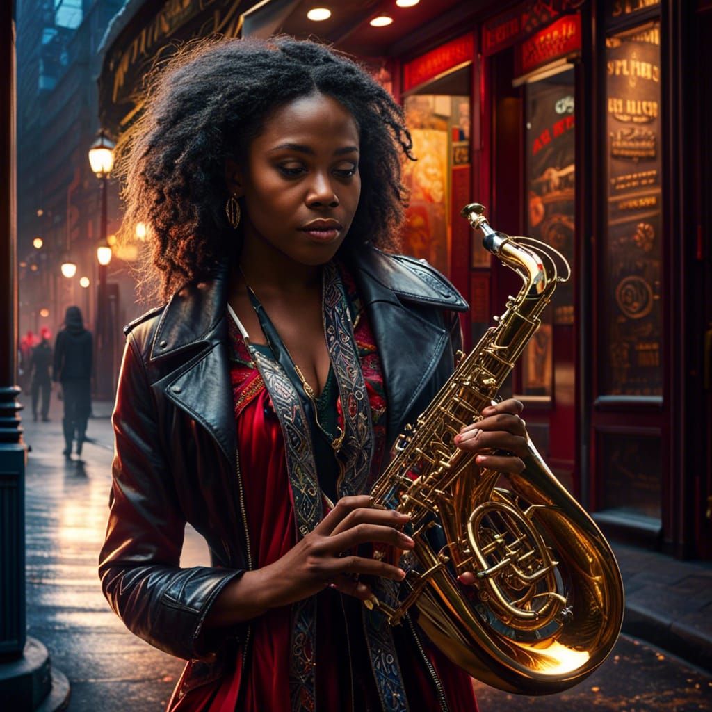 Music Girl on the Street with Her Saxophone
