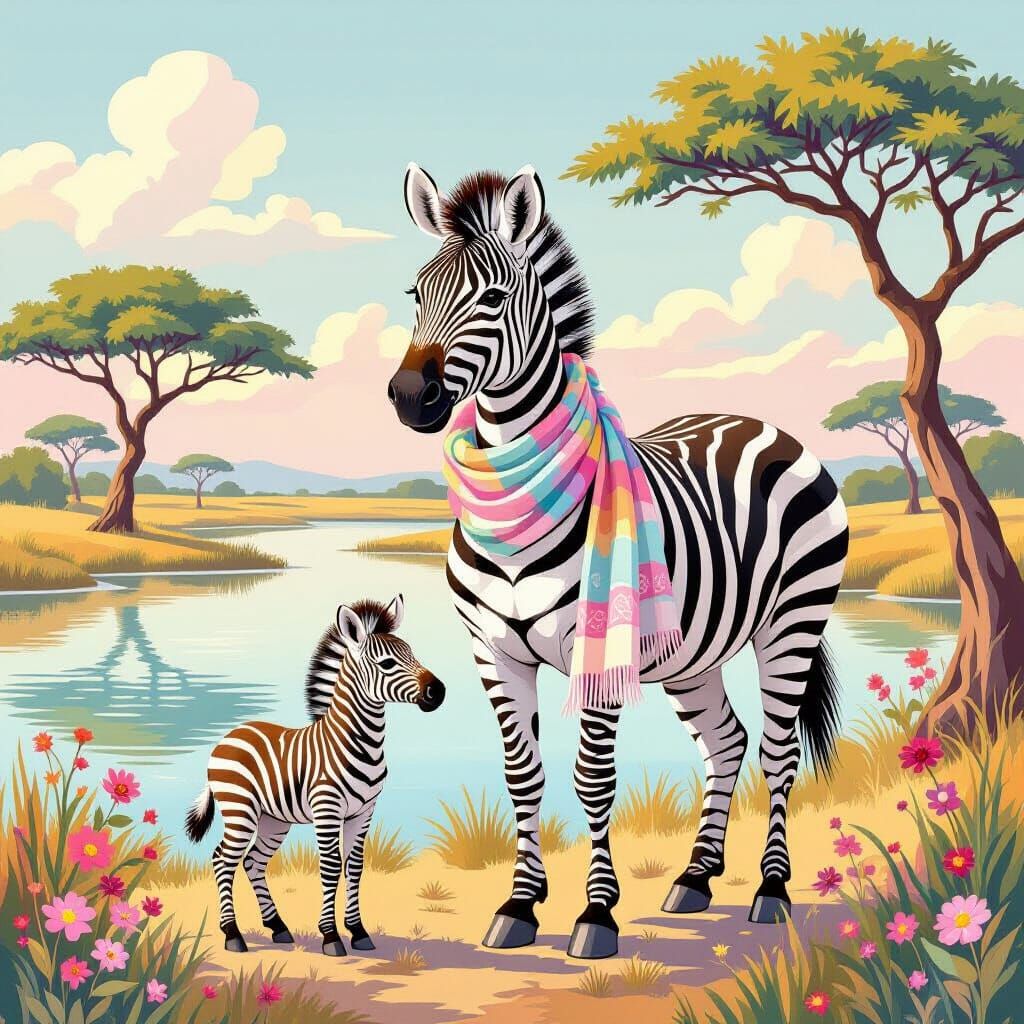 Whimsical Zebra with Baby in Savanna, Textile Art Style