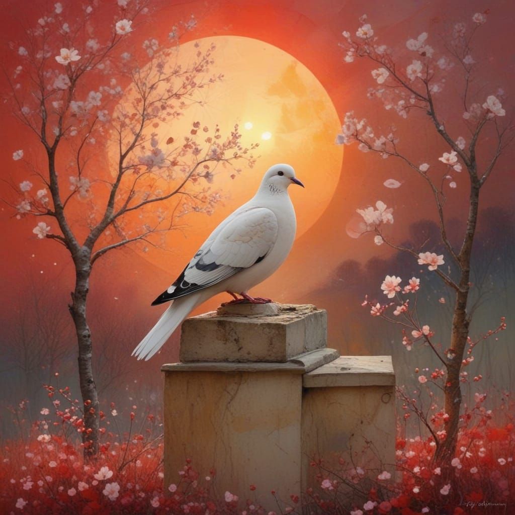 Ethereal Glowing Dove Amidst Blossoms in Vibrant Cubist Land...