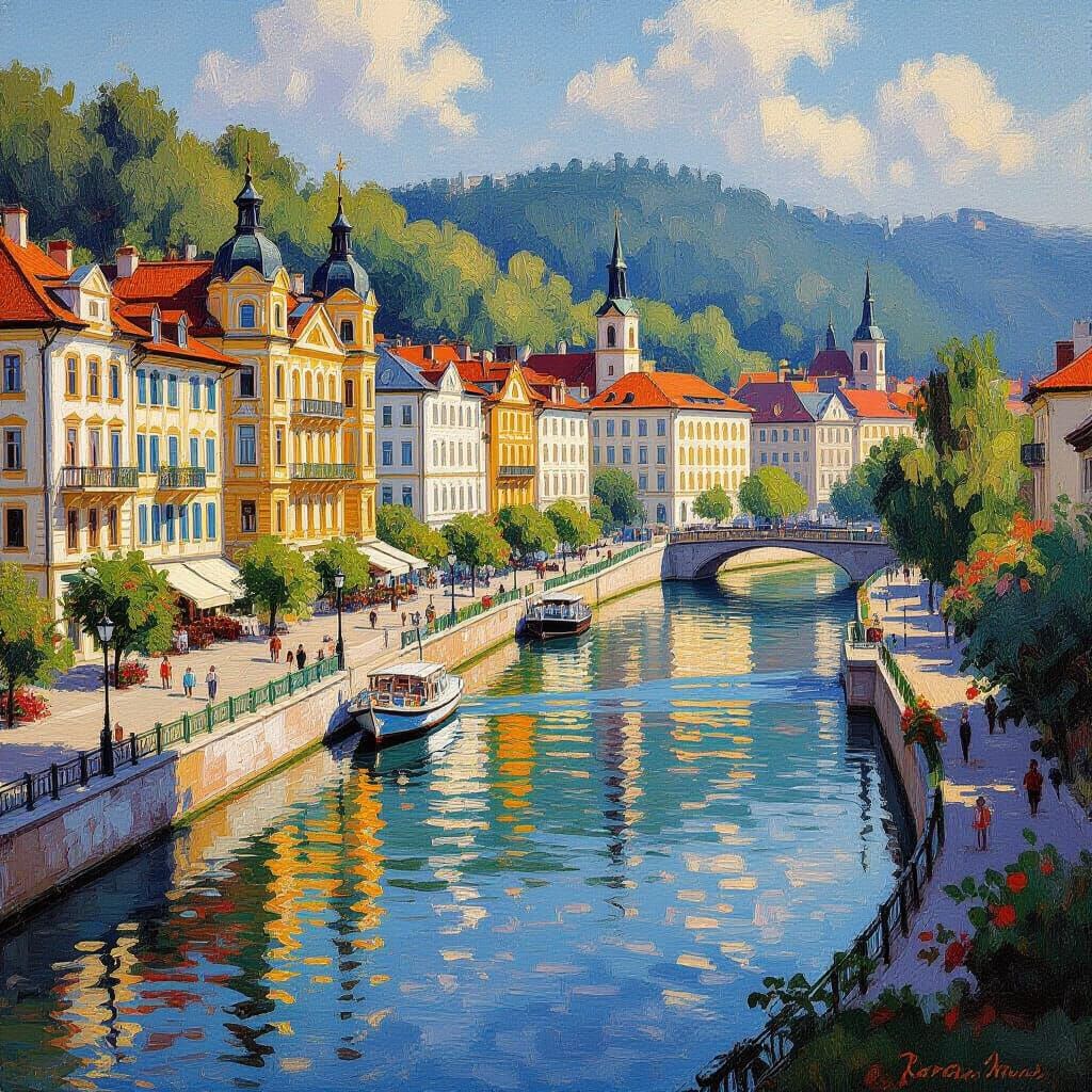 Sunny Karlsbad River Promenade in Romantic Impressionist Sty...