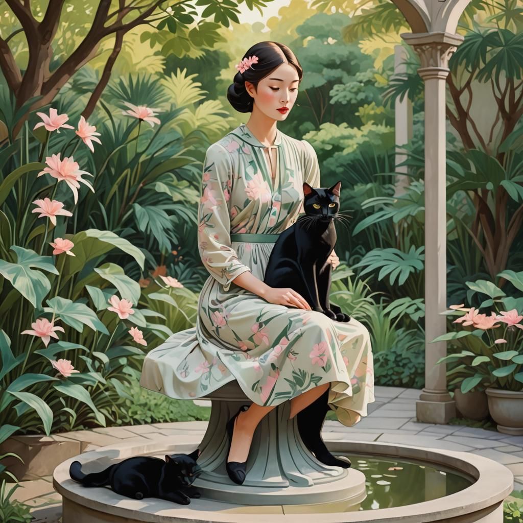 Elegant Girl and Cat in Art Nouveau Style