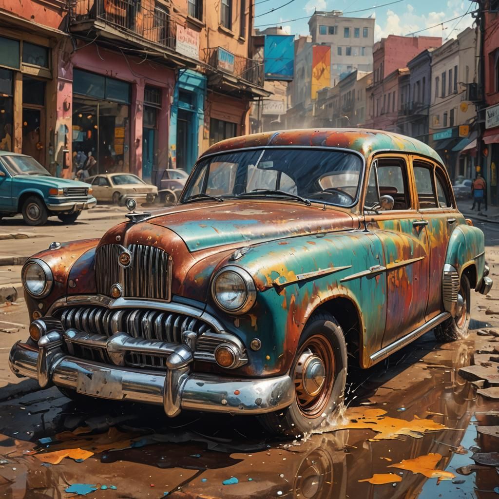 Hyperrealistic Old Car in Splash Art Style