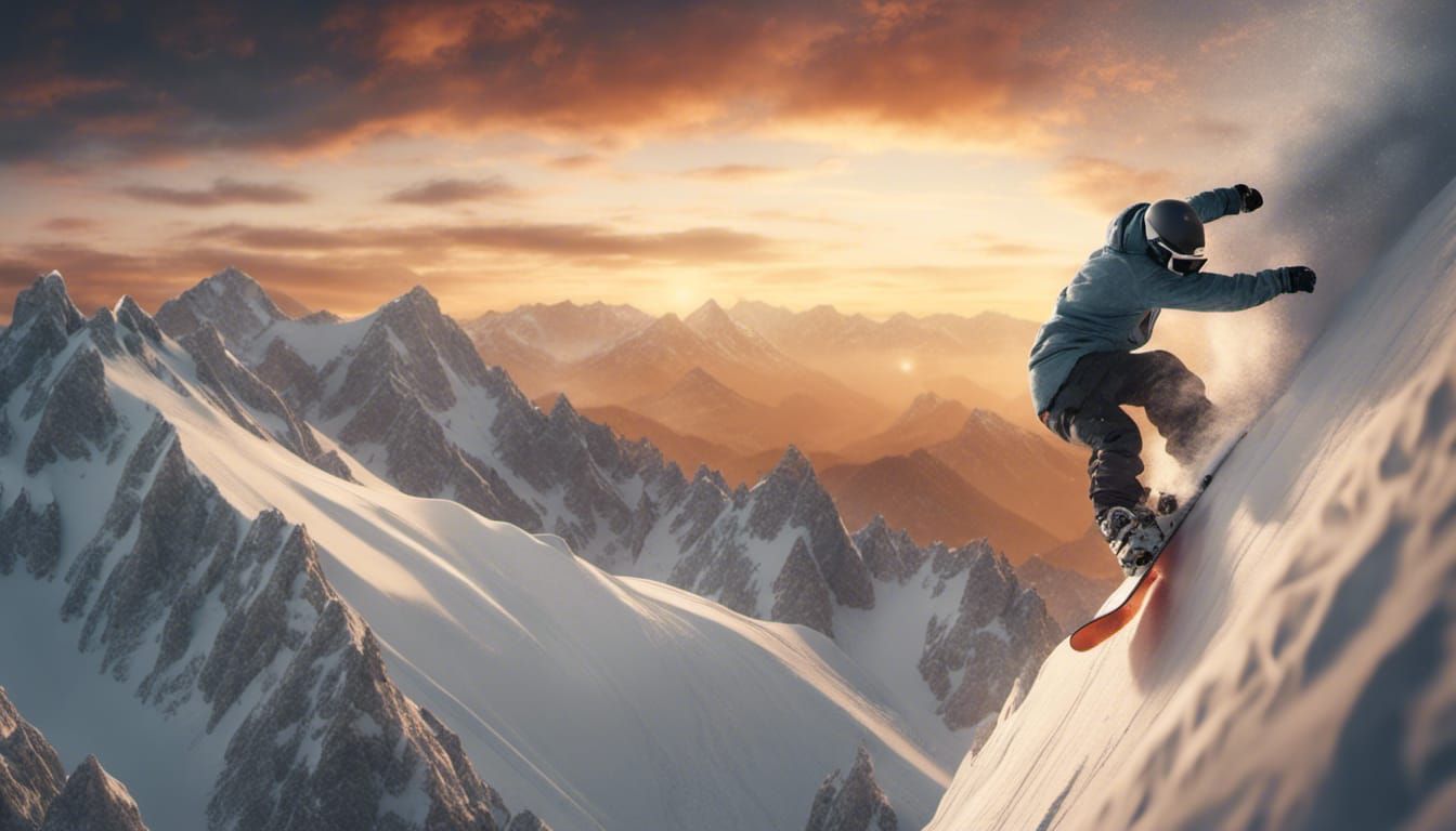 Snowboarder Carving Mountain at Sunset: Digital Matte Painti...