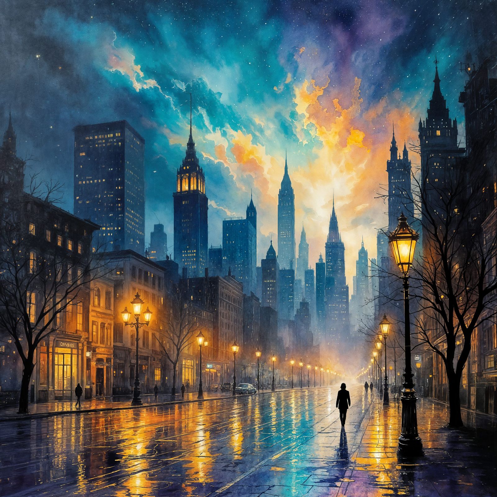 Impressionist Watercolor Cityscape at Twilight