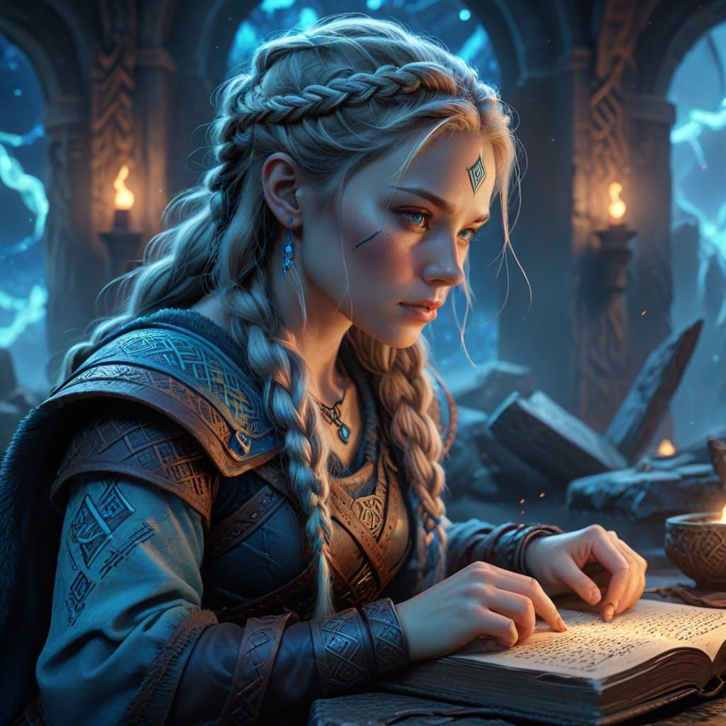 Viking Woman Studying Glowing Runes in Mystical Northern Lig...