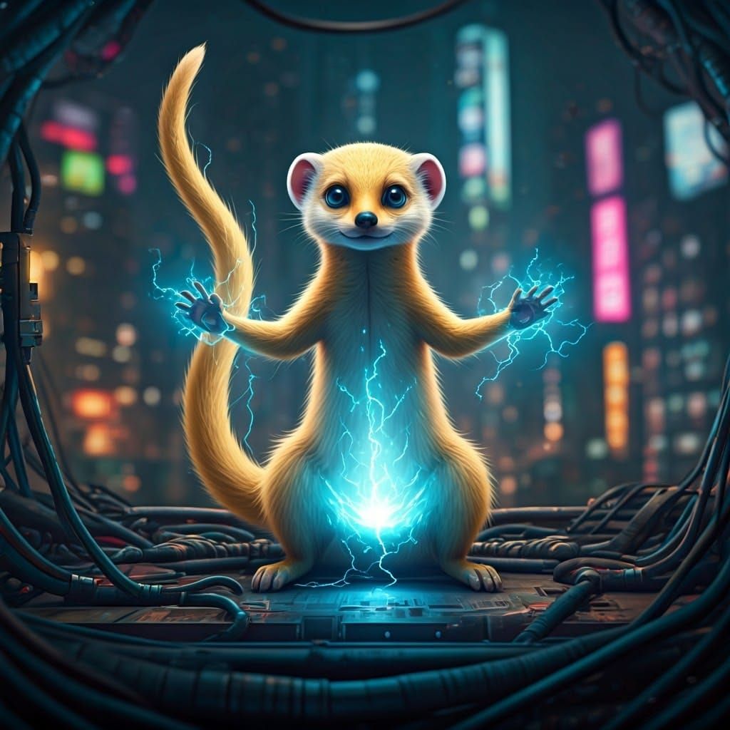 Electric Mongoose Experiment in Cyberpunk Cityscape