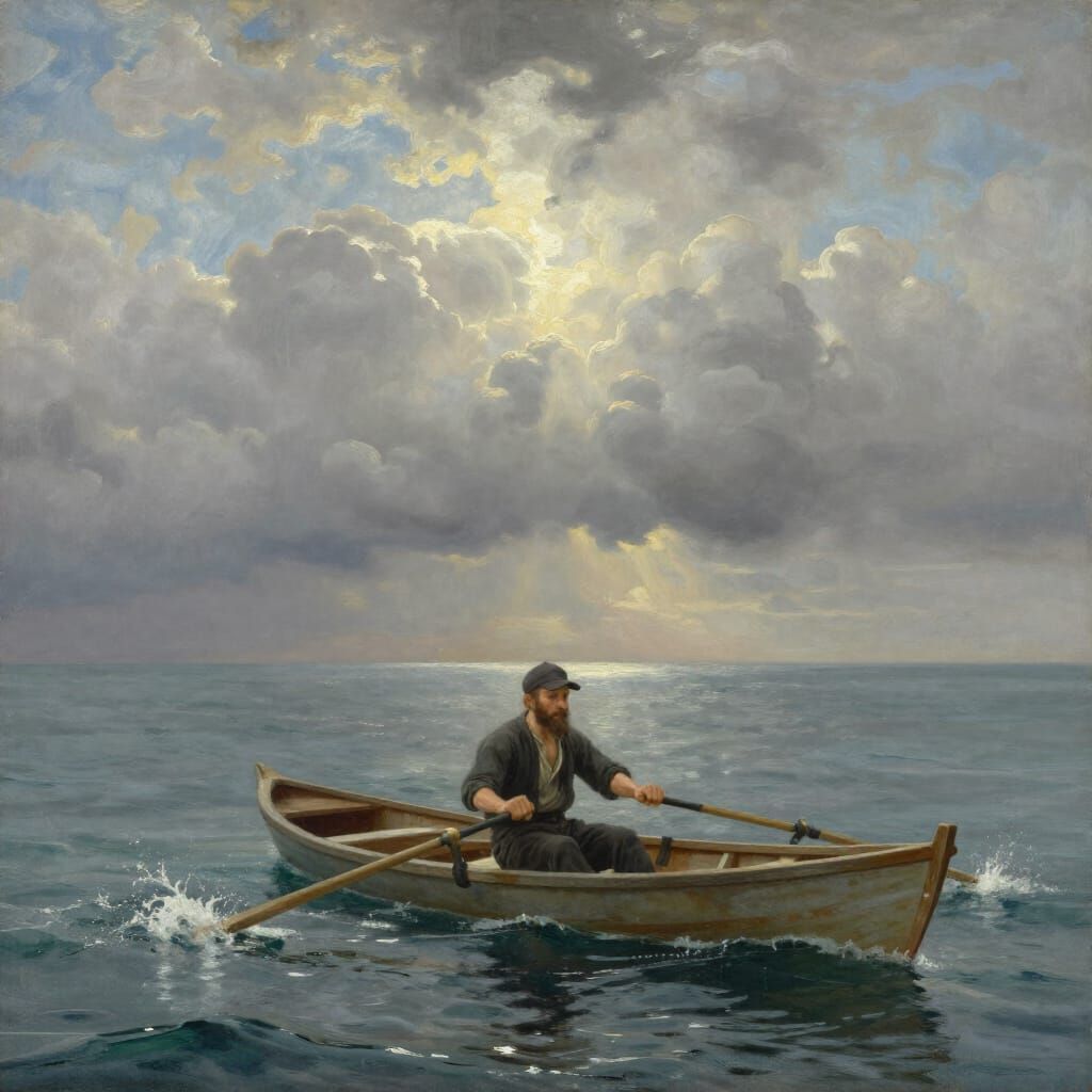 Bearded Man Rows Across Atlantic in Aivazovsky Style