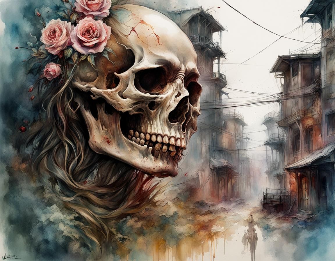 Macabre Body Horror Monster in Skull and Roses Style