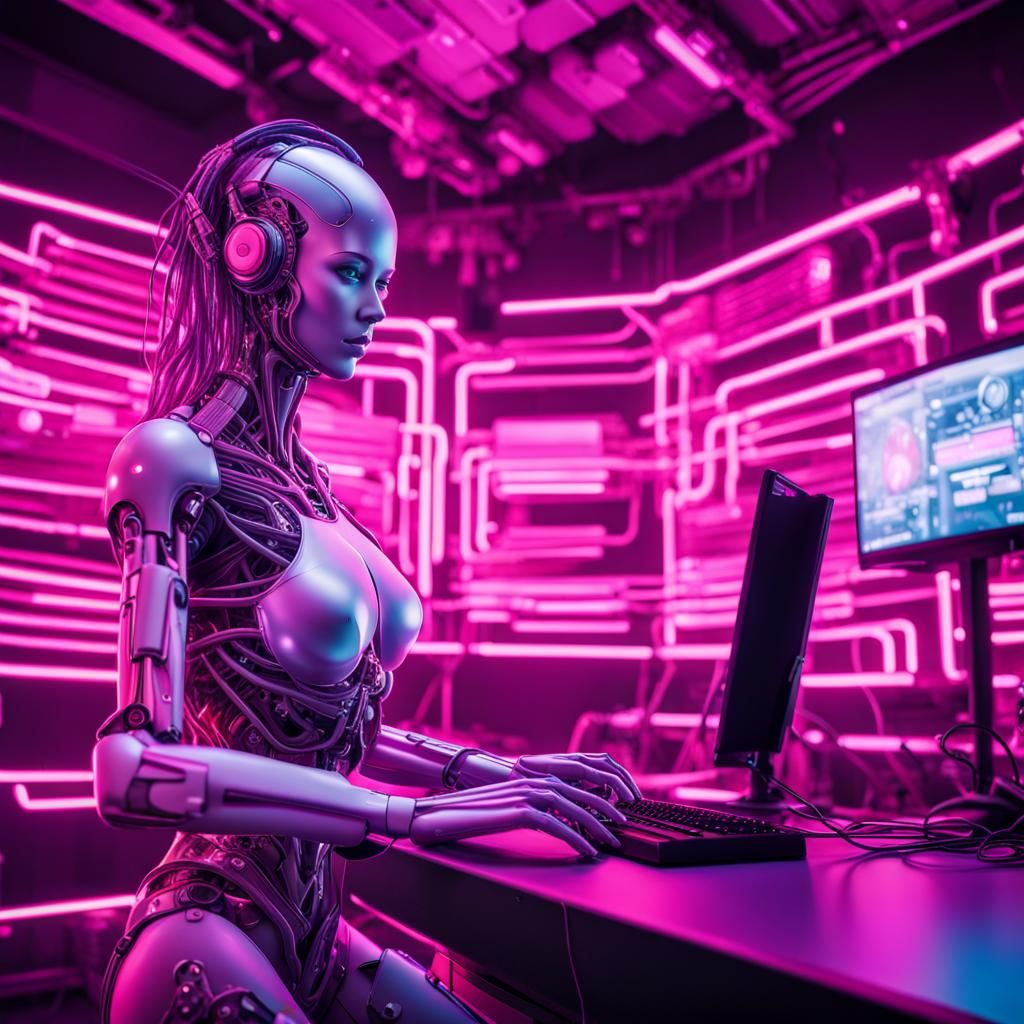 Android DJ in Vaporwave Cyberpunk Room: 8K
