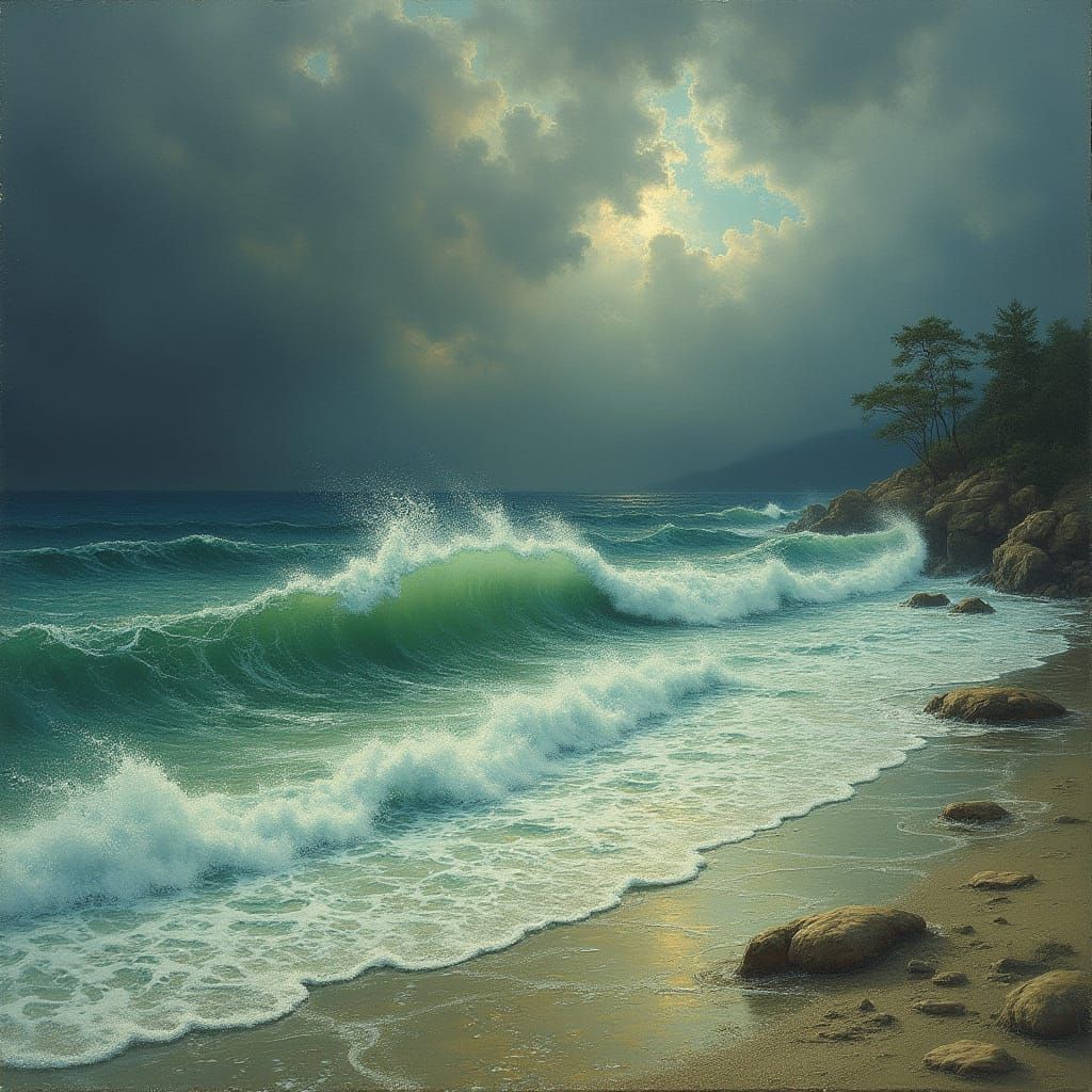 Green Spindrift Seascape in Pointillist Style