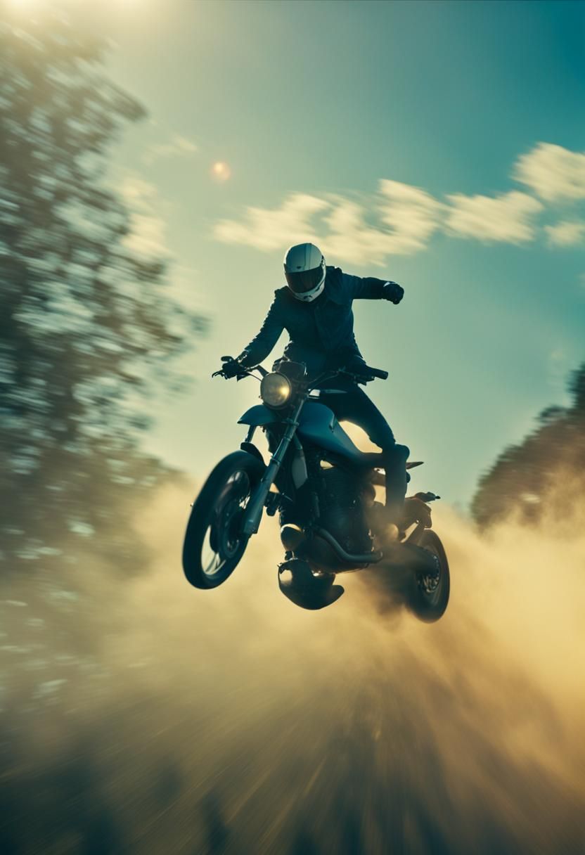Dramatic Film Still of Man Throwing Motorcycle