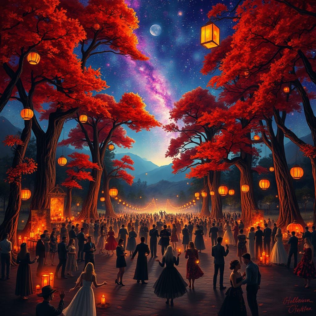 Cosmic Halloween Celebration in a Vibrant Autumn Valley