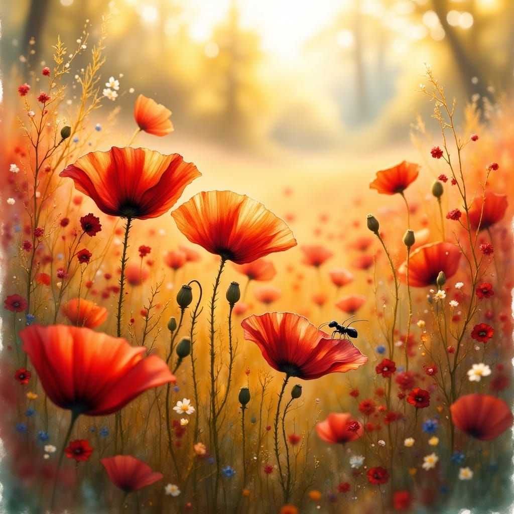 Impressionist Ant's Serene View of a Red Poppy Field