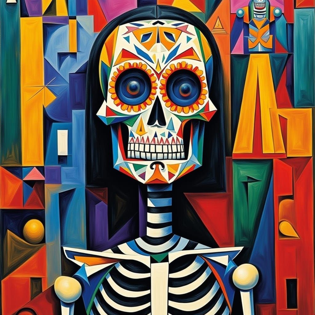 Cubist Sugar Skull Skeleton in Vibrant Colors