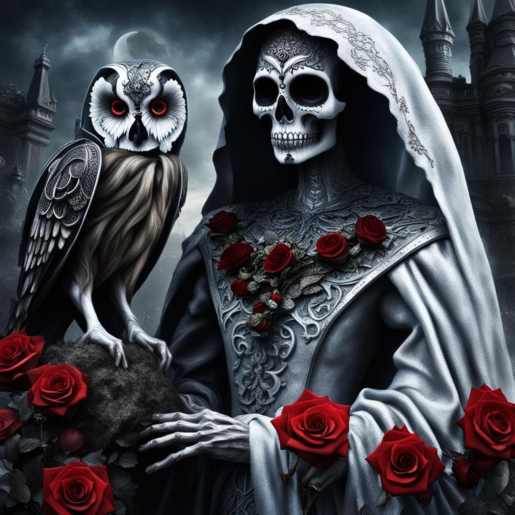 Santa Muerte Dark Fantasy Goddess with Roses and Owl