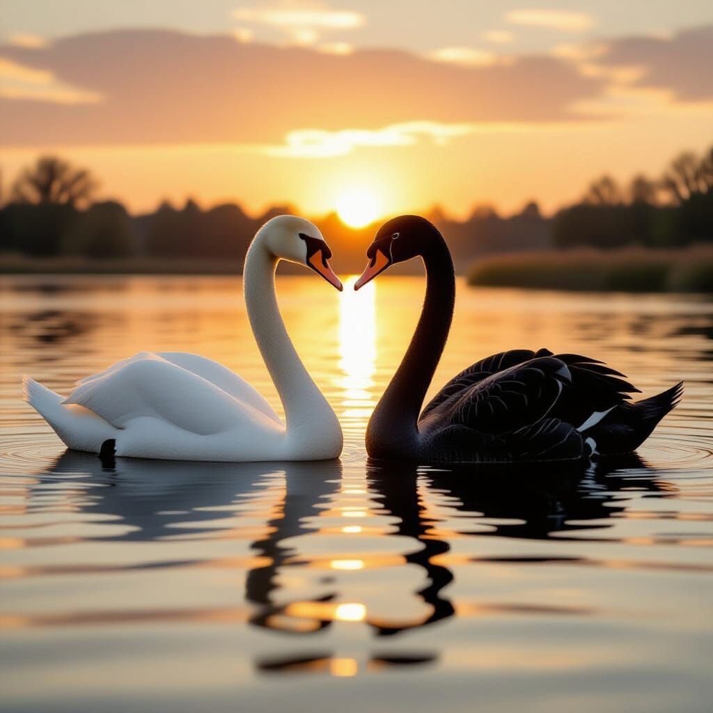 Two Swans Form Heart Shape at Golden Hour Sunset