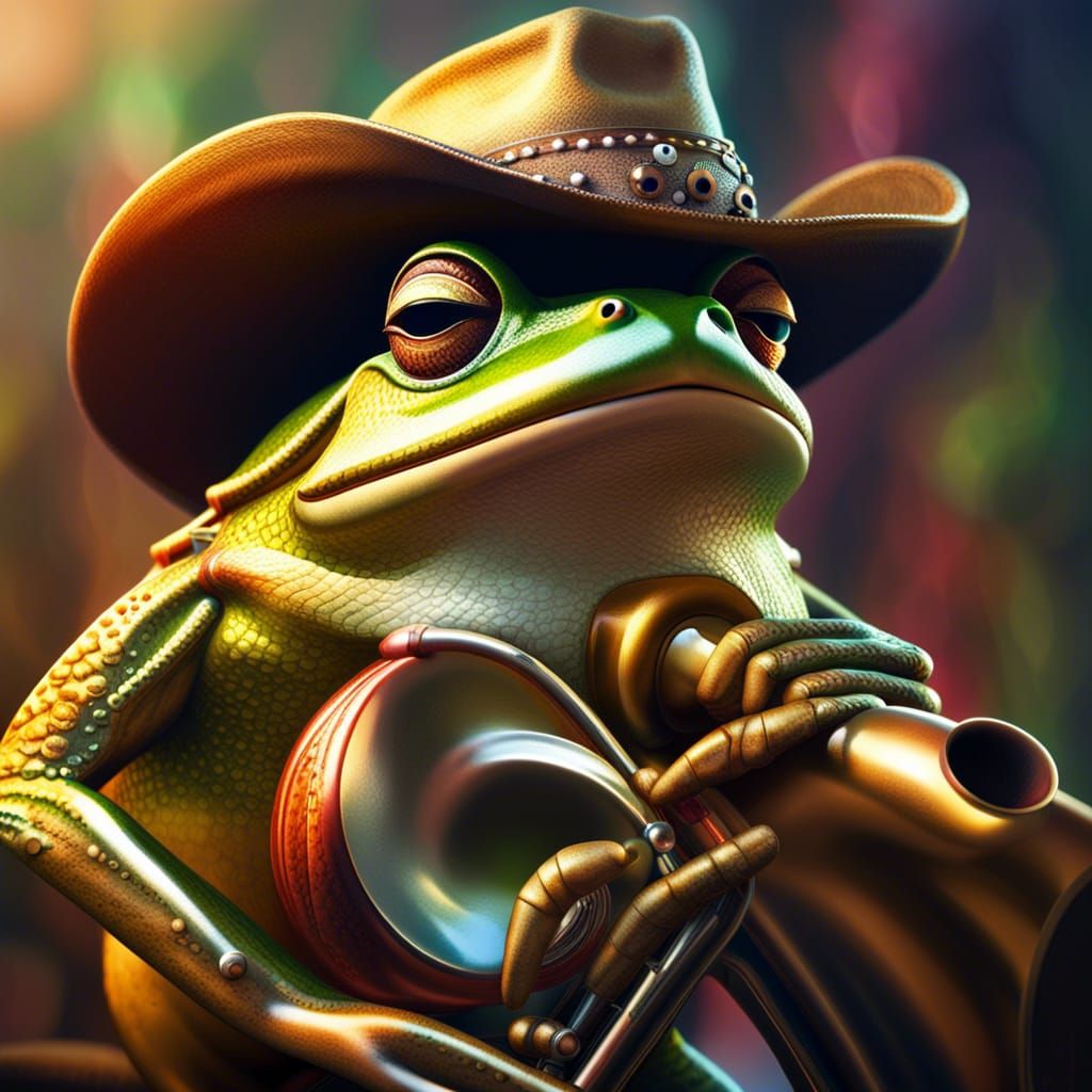 Frog Cowboy Tuba Player: Hyperrealistic Digital Art