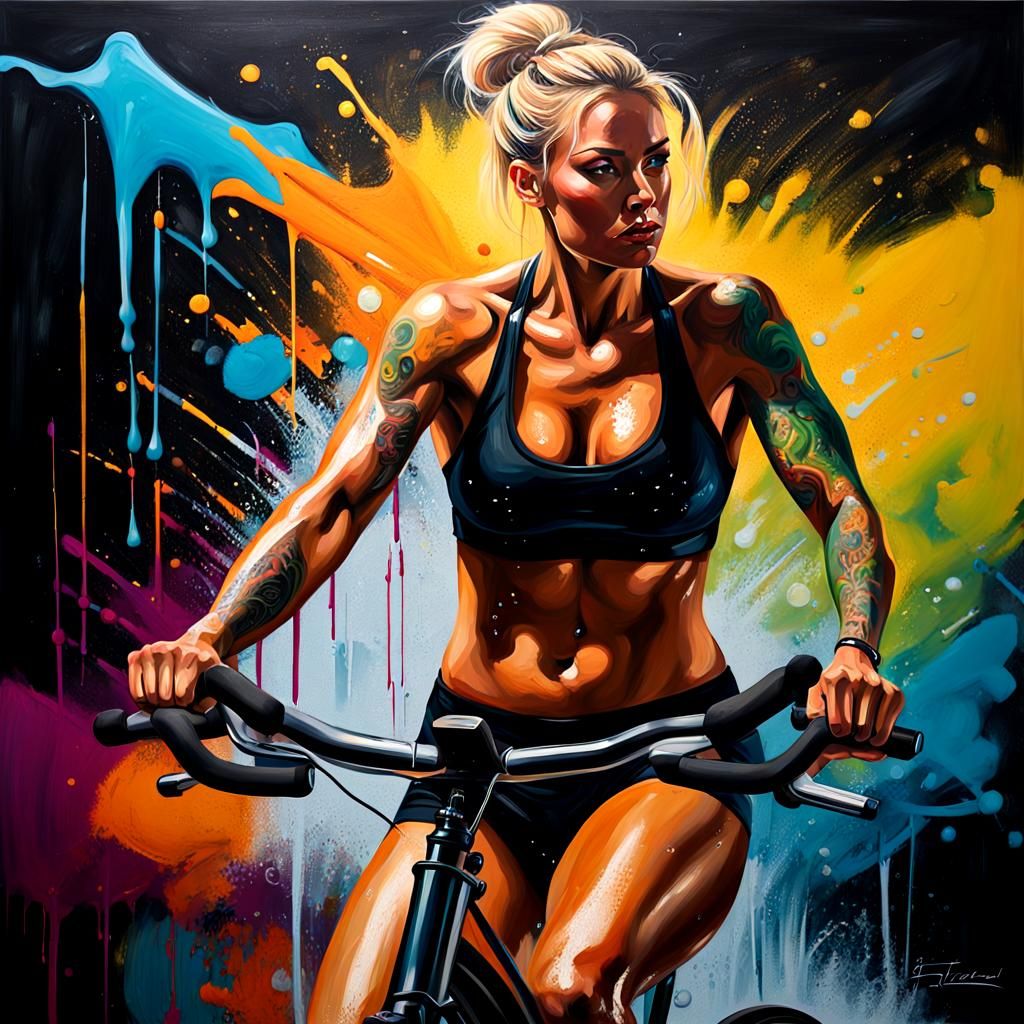 Intense Triadic Oil Painting of a Tattooed Fitness Model