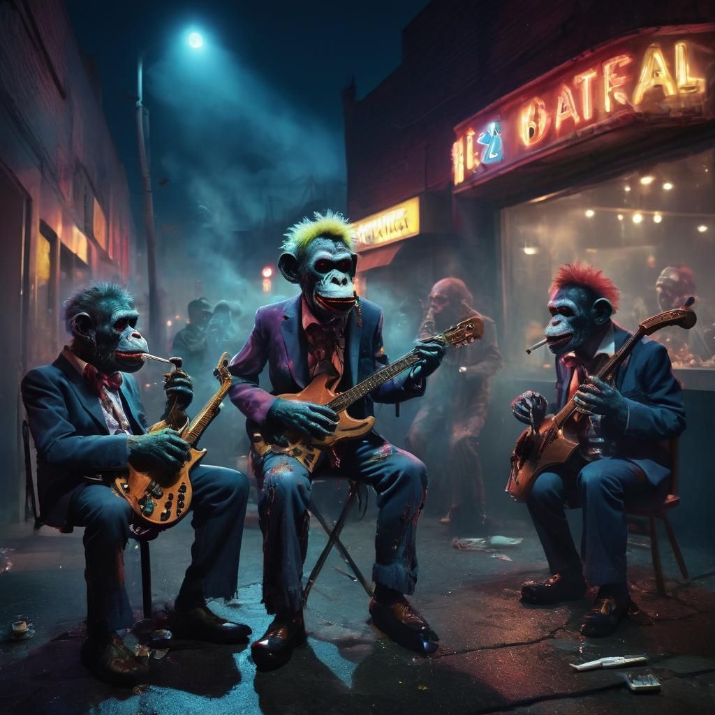Surreal Zombie Monkey Jazz Band in Street Art Style