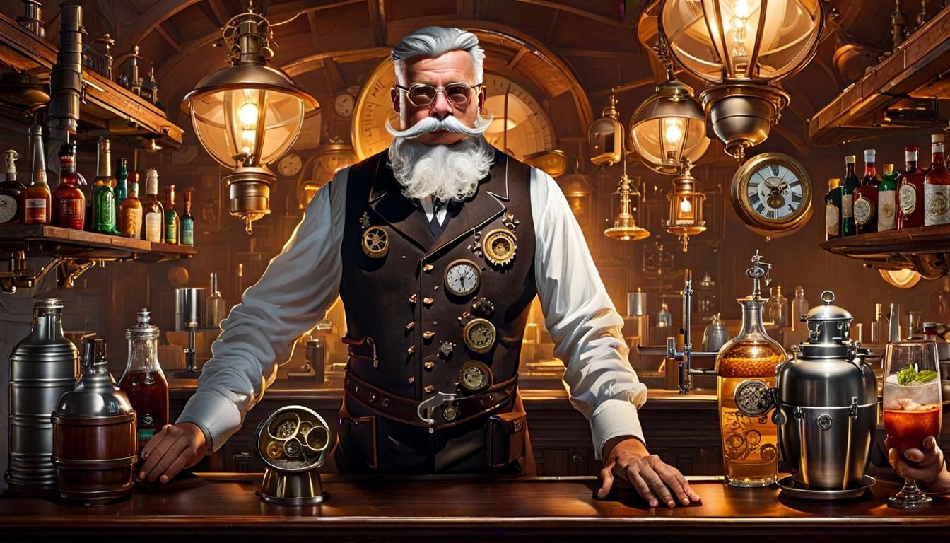 Steampunk Bartender Mixing Cocktail with Elaborate Detail