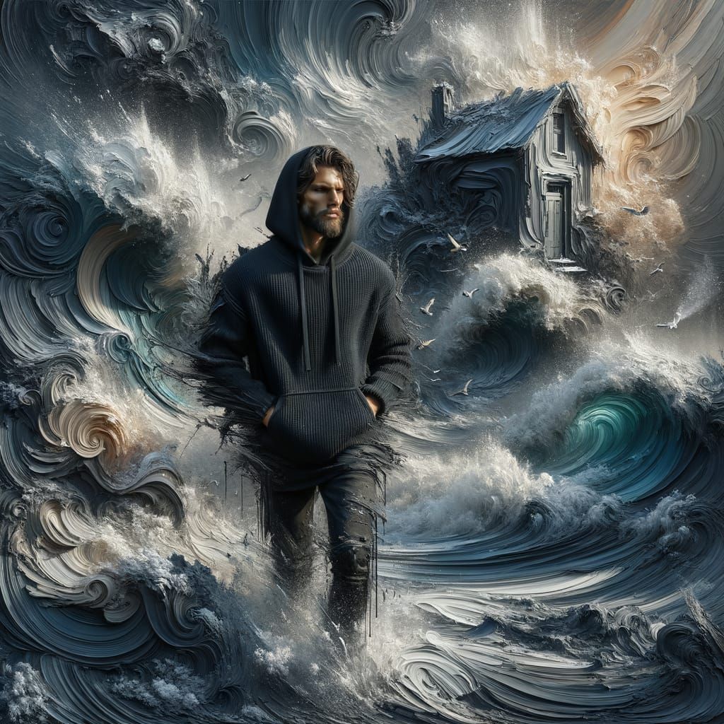 Man in Stormy Ocean: Abstract 3D Textured Painting