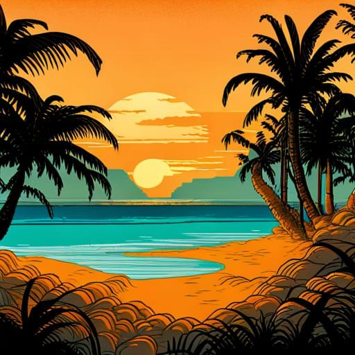 Hawaiian Beach Paradise in Retro Pixel Art