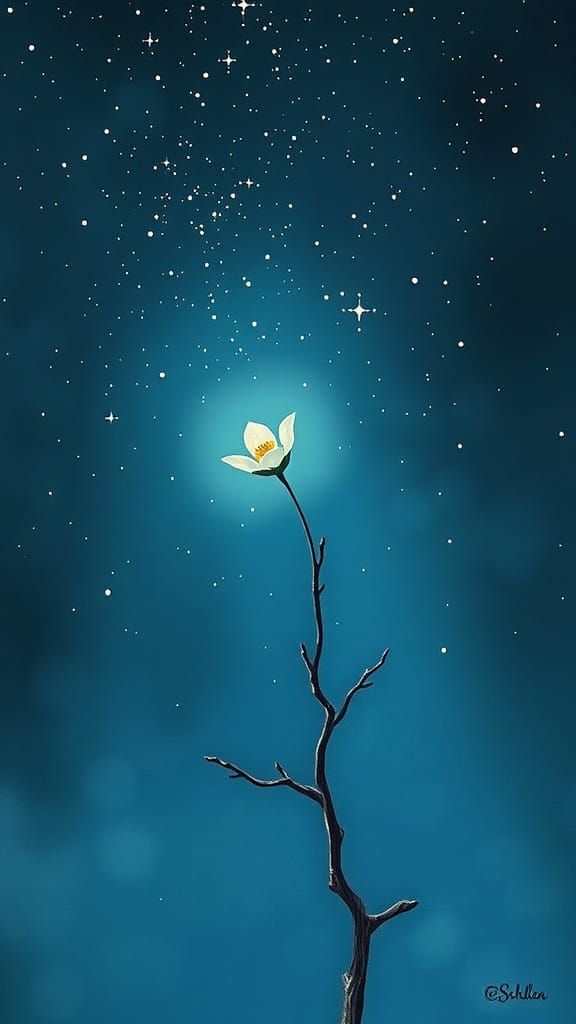 Dreamy Flower Ascending Under Starry Sky: Minimalist Acrylic...