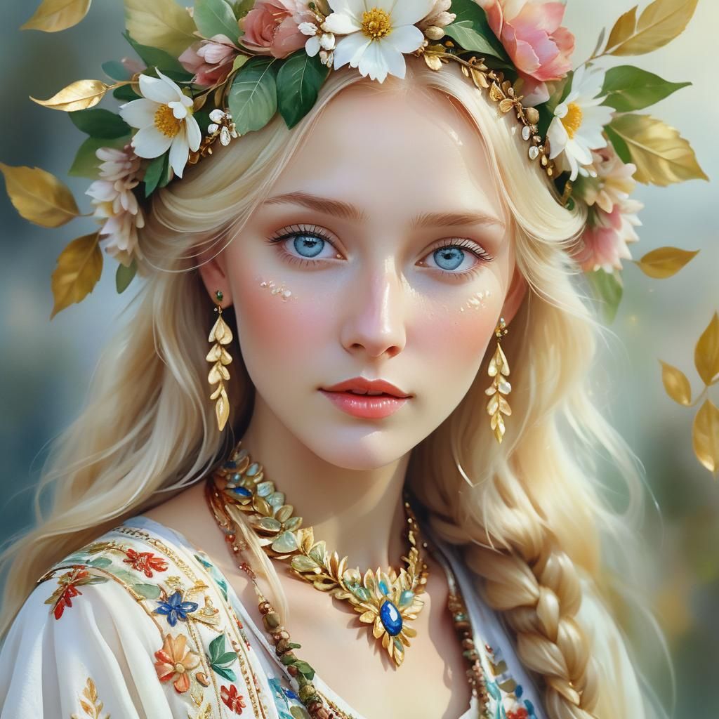 Slavic Girl in Floral Wreath: Magical Realism Portrait