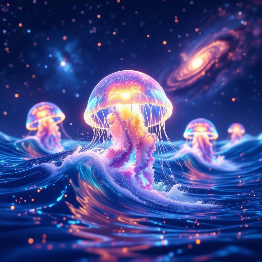 Bioluminescent Jellyfish Surfing Stardust Waves in Space