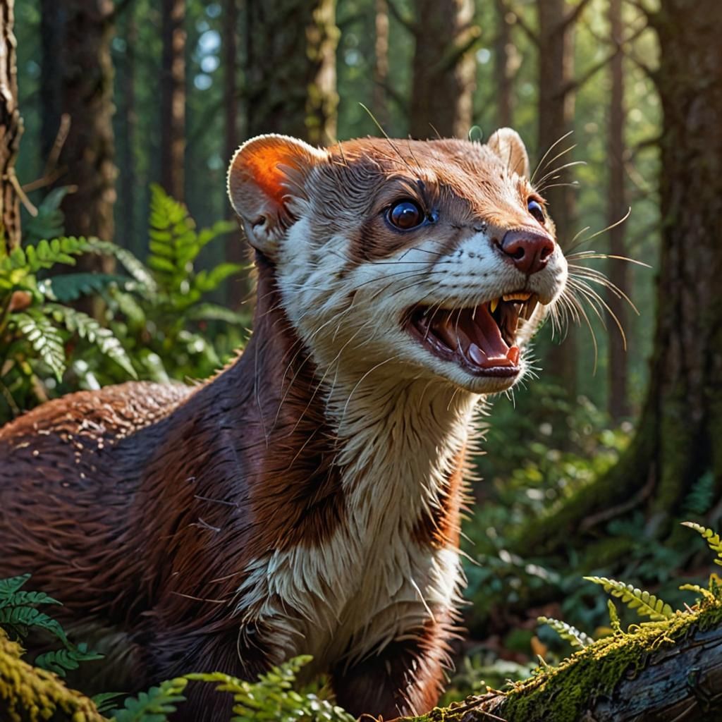 Hyperrealistic Weasel Portrait in Forest Splash Art