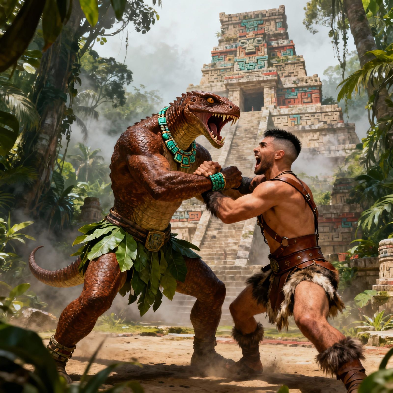 Lizardman and Barbarian Wrestling in Jungle Temple